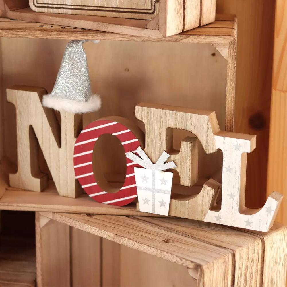 eminza Mot à poser "Noël" en bois (H12 cm) Chapeau pailleté argent