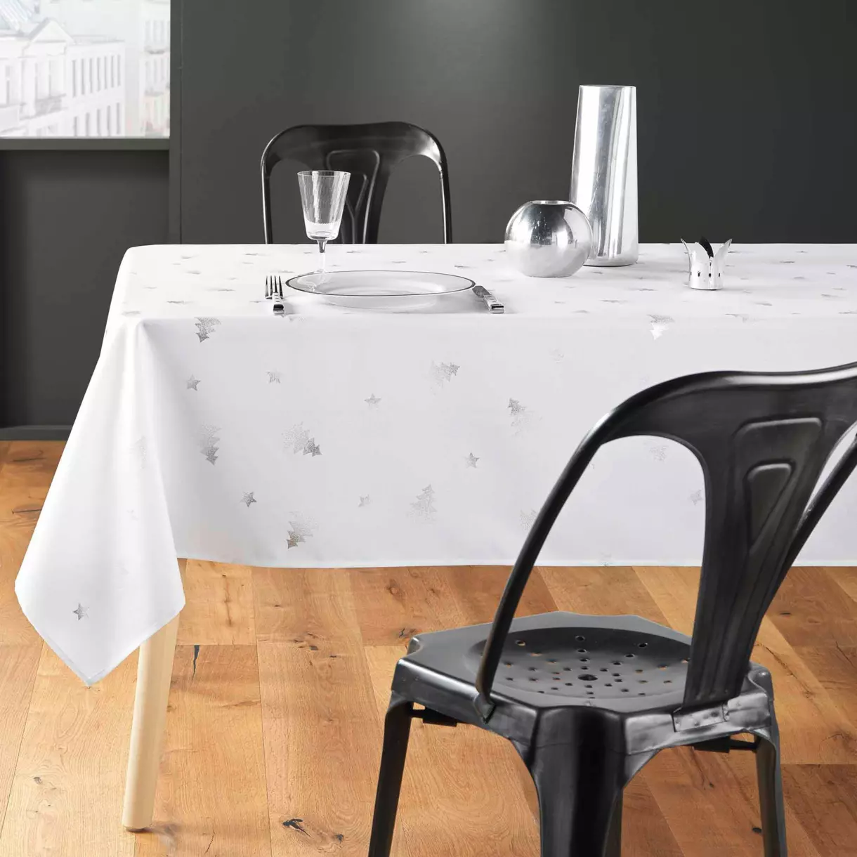 eminza Nappe de Noël rectangulaire (150 x 240 cm) Sapin métallisé Blanc