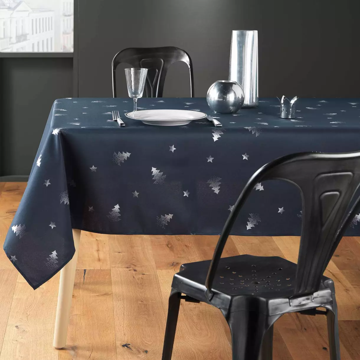 eminza Nappe de Noël rectangulaire (150 x 300 cm) Sapin métallisé Bleu
