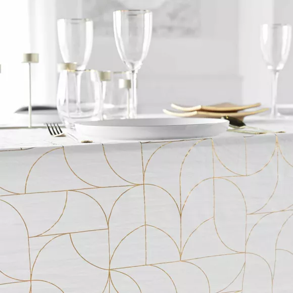 Eminza Nappe De Noël Rectangulaire Anti Tache (140 X 240 Cm) Louxor Blanc Et Doré