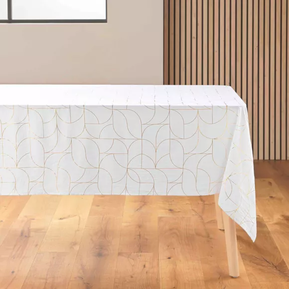 Eminza Nappe De Noël Rectangulaire Anti Tache (140 X 240 Cm) Louxor Blanc Et Doré