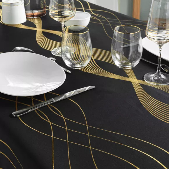 Eminza Nappe De Noël Rectangulaire Anti Tache (140 X 240 Cm) Mikado Noir Et Doré