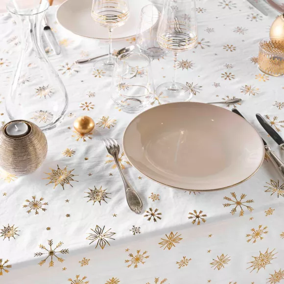 Eminza Nappe De Noël Rectangulaire Anti Tache (140 X 240 Cm) Astrelia Blanc Et Doré