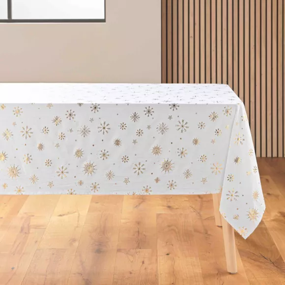 Eminza Nappe De Noël Rectangulaire Anti Tache (140 X 240 Cm) Astrelia Blanc Et Doré
