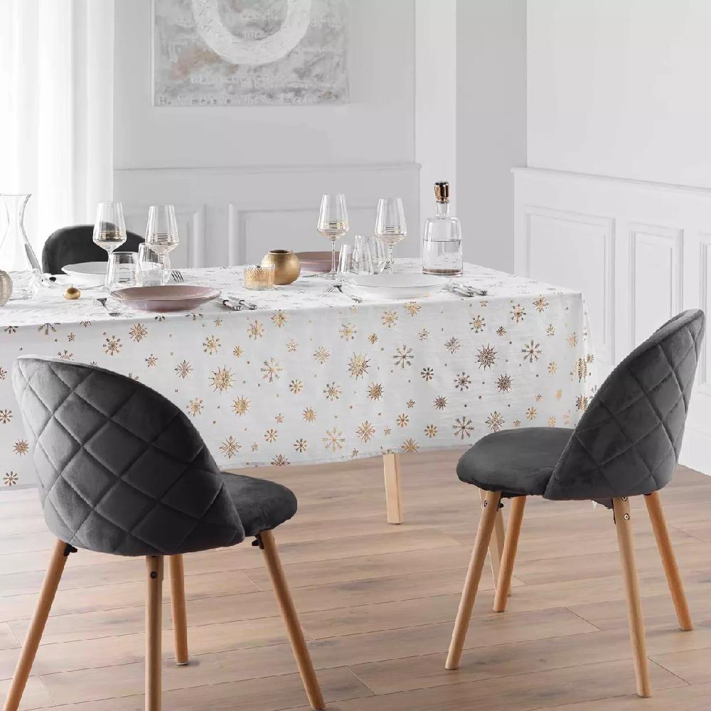 eminza Nappe de Noël rectangulaire anti tache (140 x 240 cm) Astrelia Blanc et doré