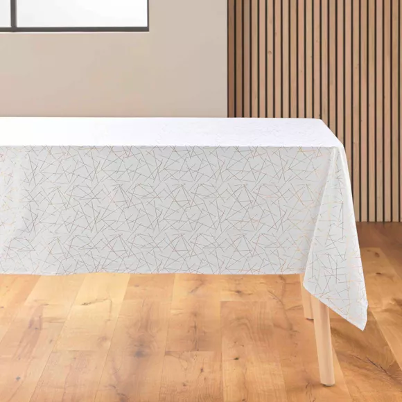 Eminza Nappe De Noël Rectangulaire Anti Tache (140 X 240 Cm) Mikado Blanc Et Doré