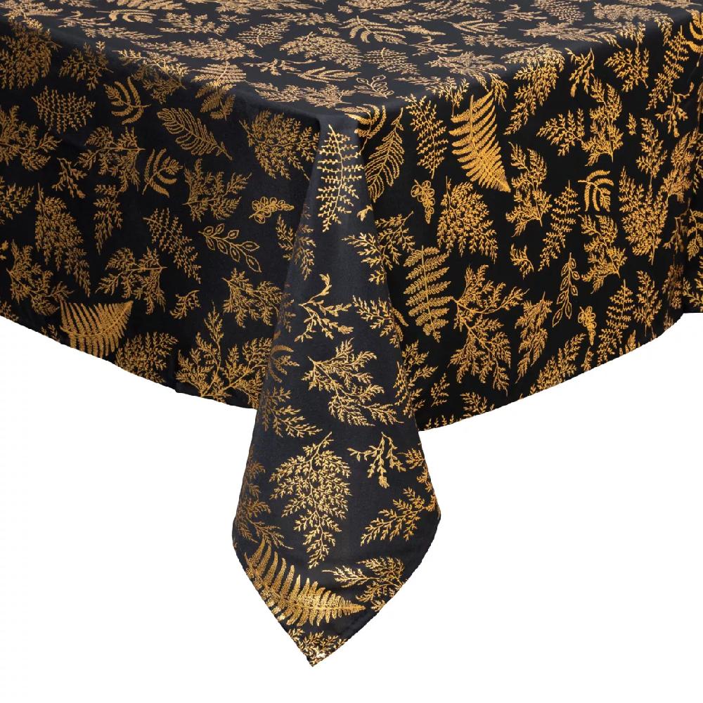 eminza Nappe de Noël rectangulaire anti tache (140 x 240 cm) Feuillage Noir et doré