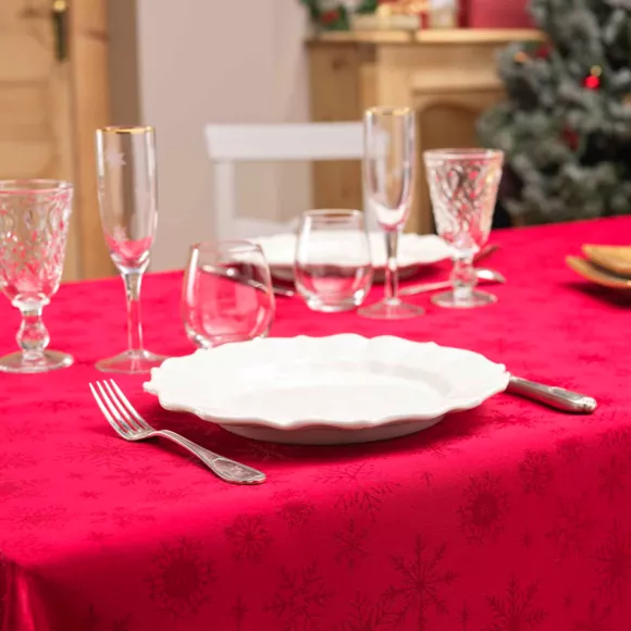 Eminza Nappe De Noël Rectangulaire Anti Tache (140 X 240 Cm) Flocons Rouge