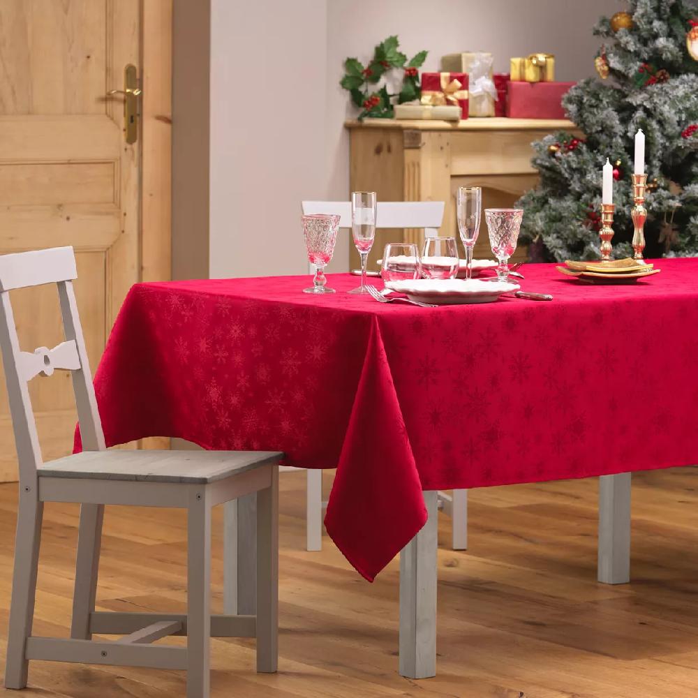 eminza Nappe de Noël rectangulaire anti tache (140 x 240 cm) Flocons Rouge