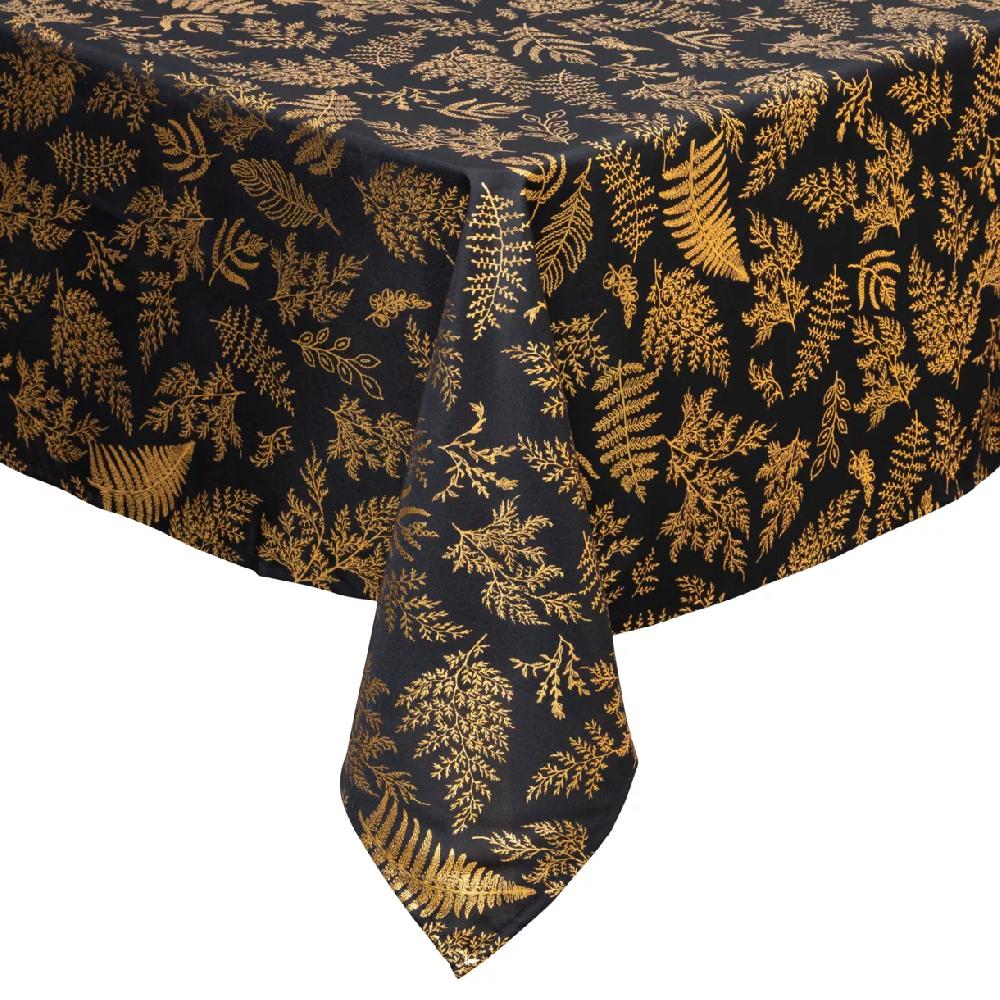 eminza Nappe de Noël rectangulaire anti tache (140 x 360 cm) Feuillage Noir et doré