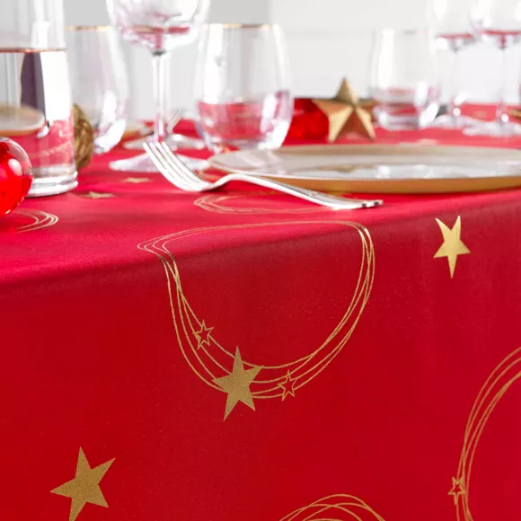 Eminza Nappe De Noël Rectangulaire Anti Tache (150 X 240 Cm) Star Rouge Et Doré