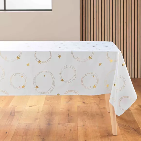 Eminza Nappe De Noël Rectangulaire Anti Tache (150 X 240 Cm) Star Blanc Et Doré