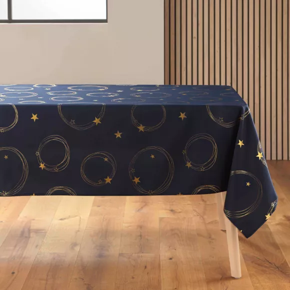 Eminza Nappe De Noël Rectangulaire Anti Tache (150 X 240 Cm) Star Bleu Marine Et Doré