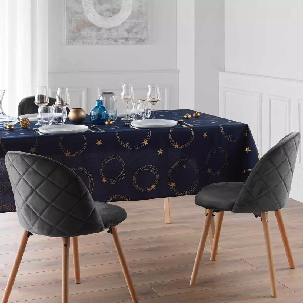 eminza Nappe de Noël rectangulaire anti tache (150 x 240 cm) Star Bleu marine et doré