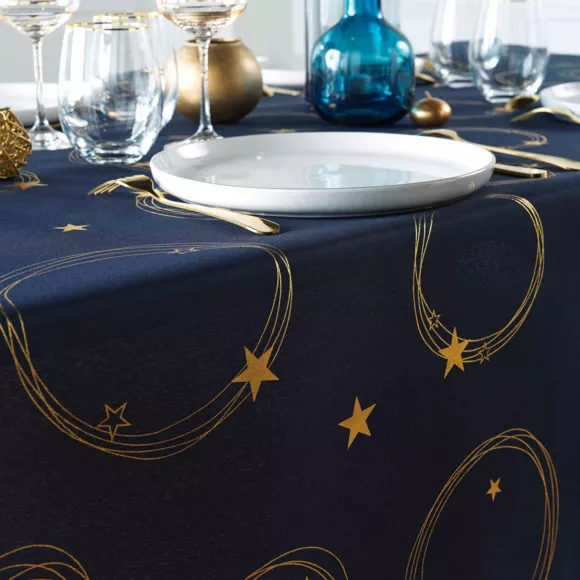 Eminza Nappe De Noël Rectangulaire Anti Tache (150 X 300 Cm) Star Bleu Marine Et Doré