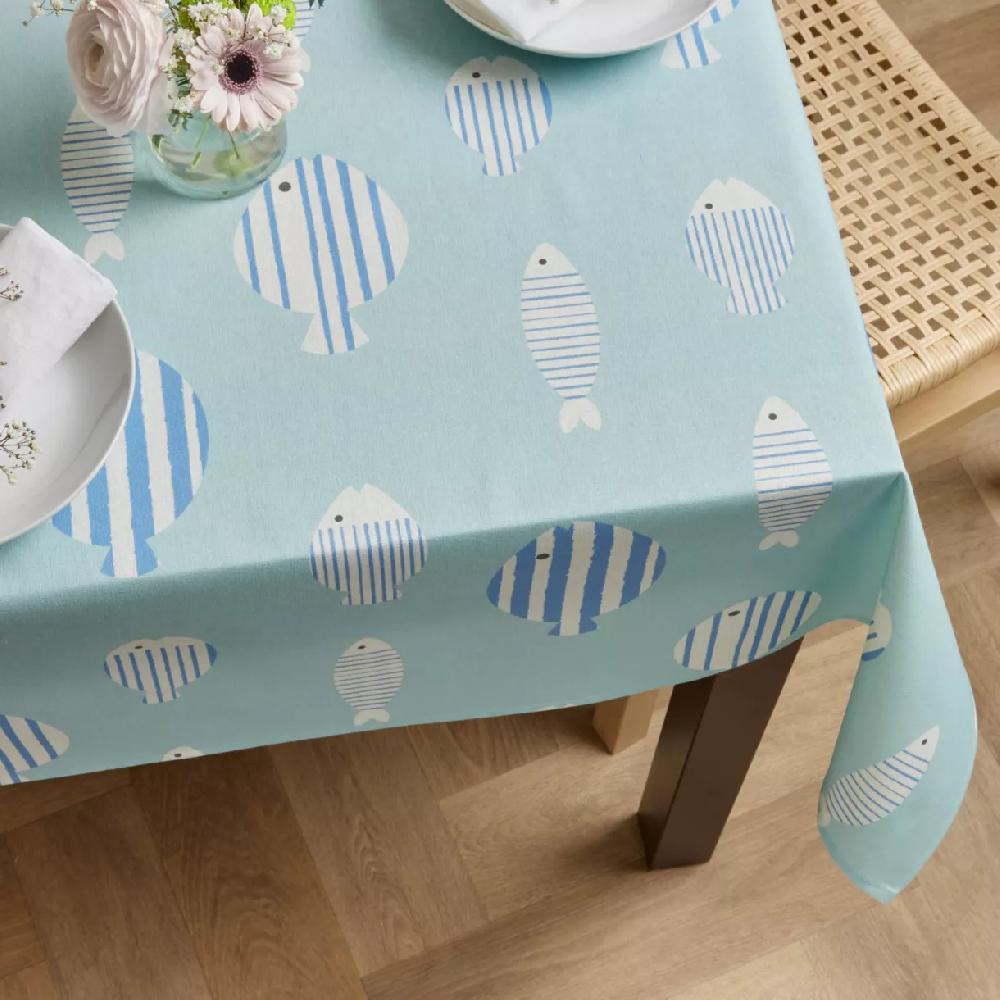 eminza Nappe rectangulaire coton enduit (150 x 350 cm) Fish Bleue
