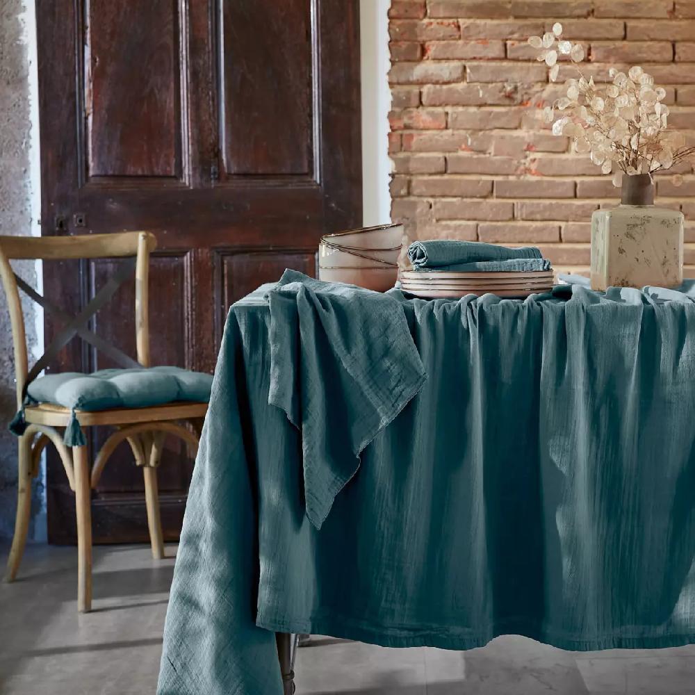 eminza Nappe rectangulaire gaze de coton (150 x 350 cm) Gaïa Bleu canard