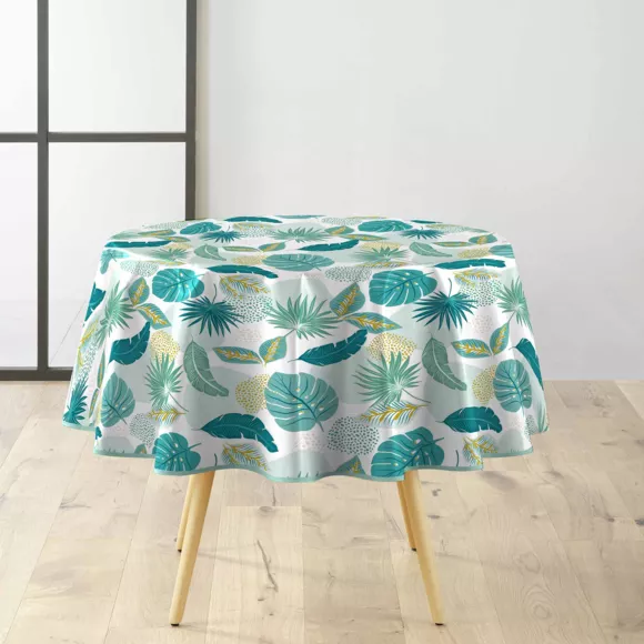 Eminza Nappe Ronde Anti Tache Tissu PVC Imperméable (D160 Cm) Plantania Bleue