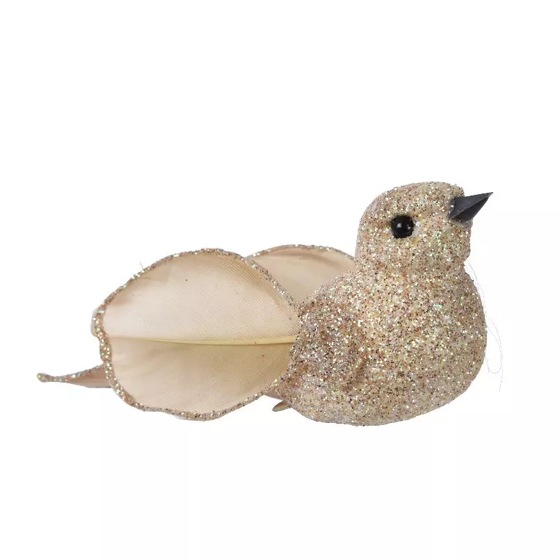 eminza Oiseau de Noël sur cip (H4 cm) Plume Champagne