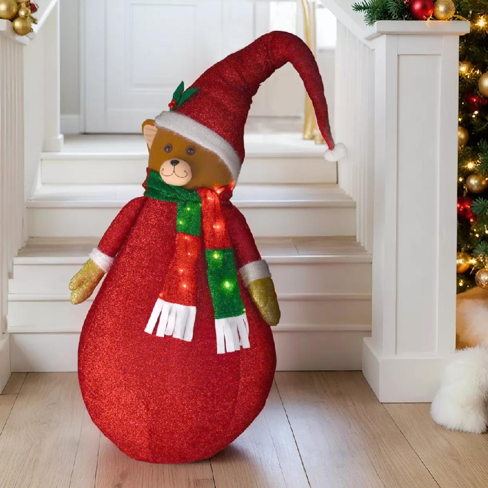 eminza Ours lumineux à piles (H120 cm) Pliable Rouge pailleté
