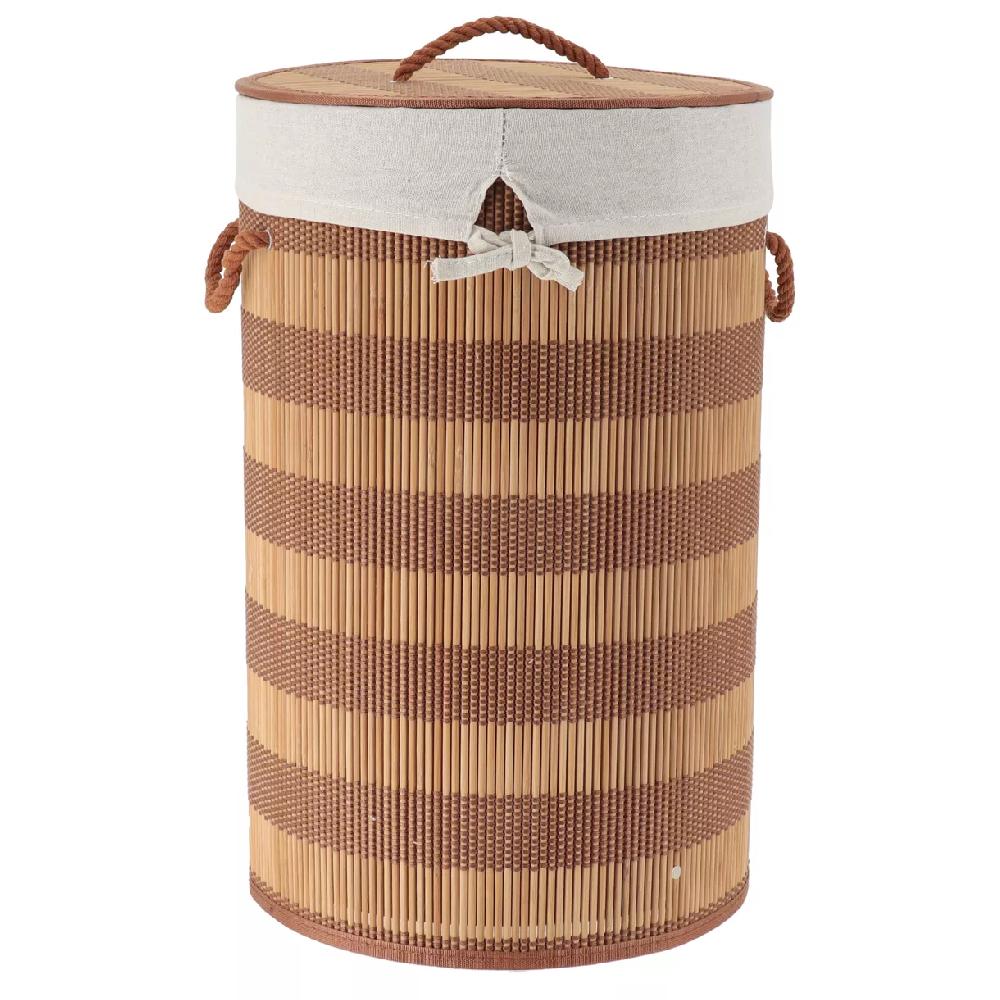 eminza Panier à linge rond et pliable (H55 cm) Bambou Marron et beige