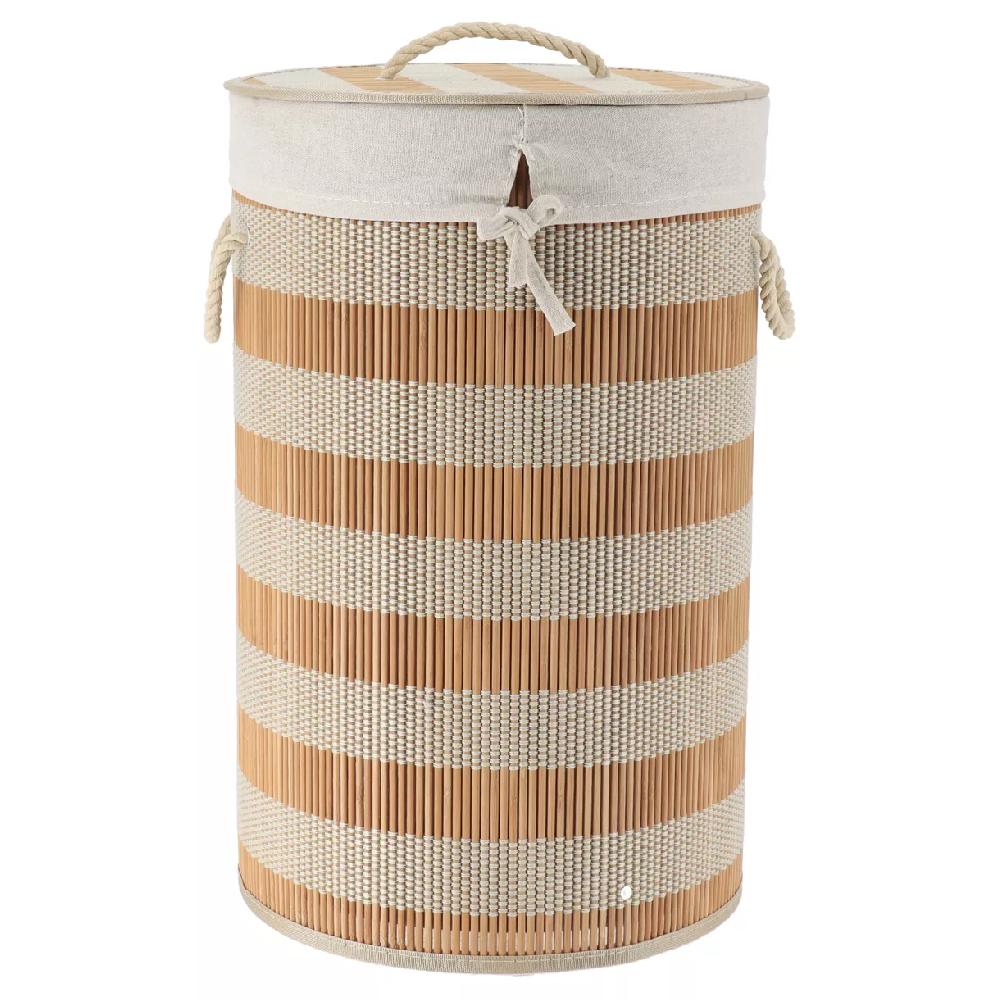eminza Panier à linge rond et pliable (H55 cm) Bambou Naturel et beige