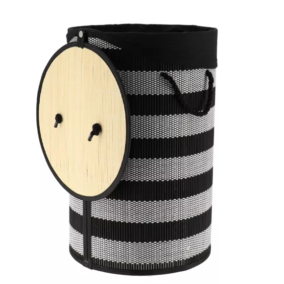 Eminza Panier à Linge Rond Et Pliable (H55 Cm) Bambou Noir Et Blanc
