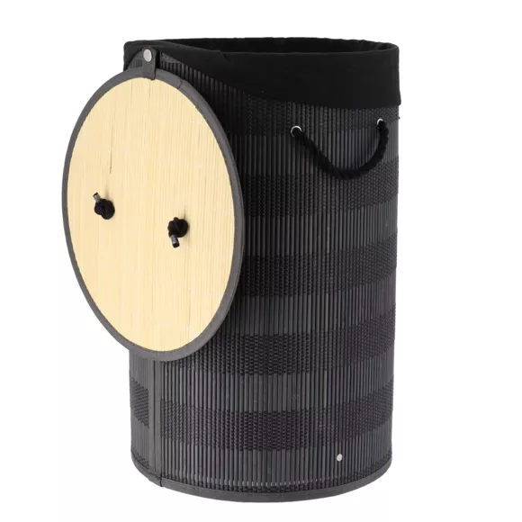 Eminza Panier à Linge Rond Et Pliable (H55 Cm) Bambou Noir Et Gris