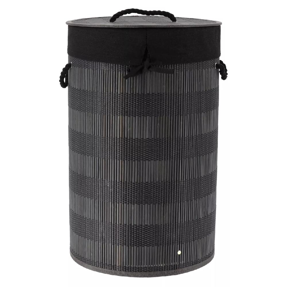 eminza Panier à linge rond et pliable (H55 cm) Bambou Noir et gris