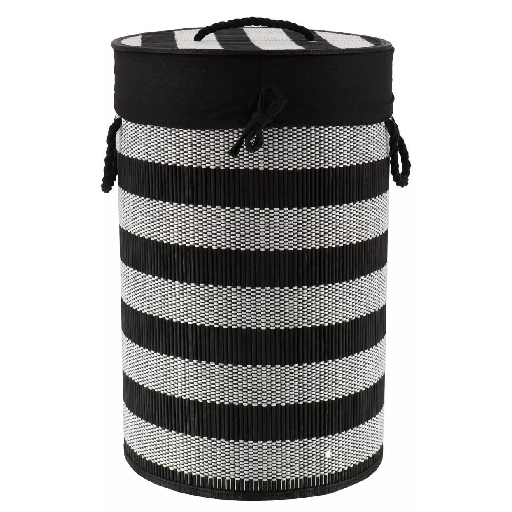 eminza Panier à linge rond et pliable (H55 cm) Bambou Noir et blanc