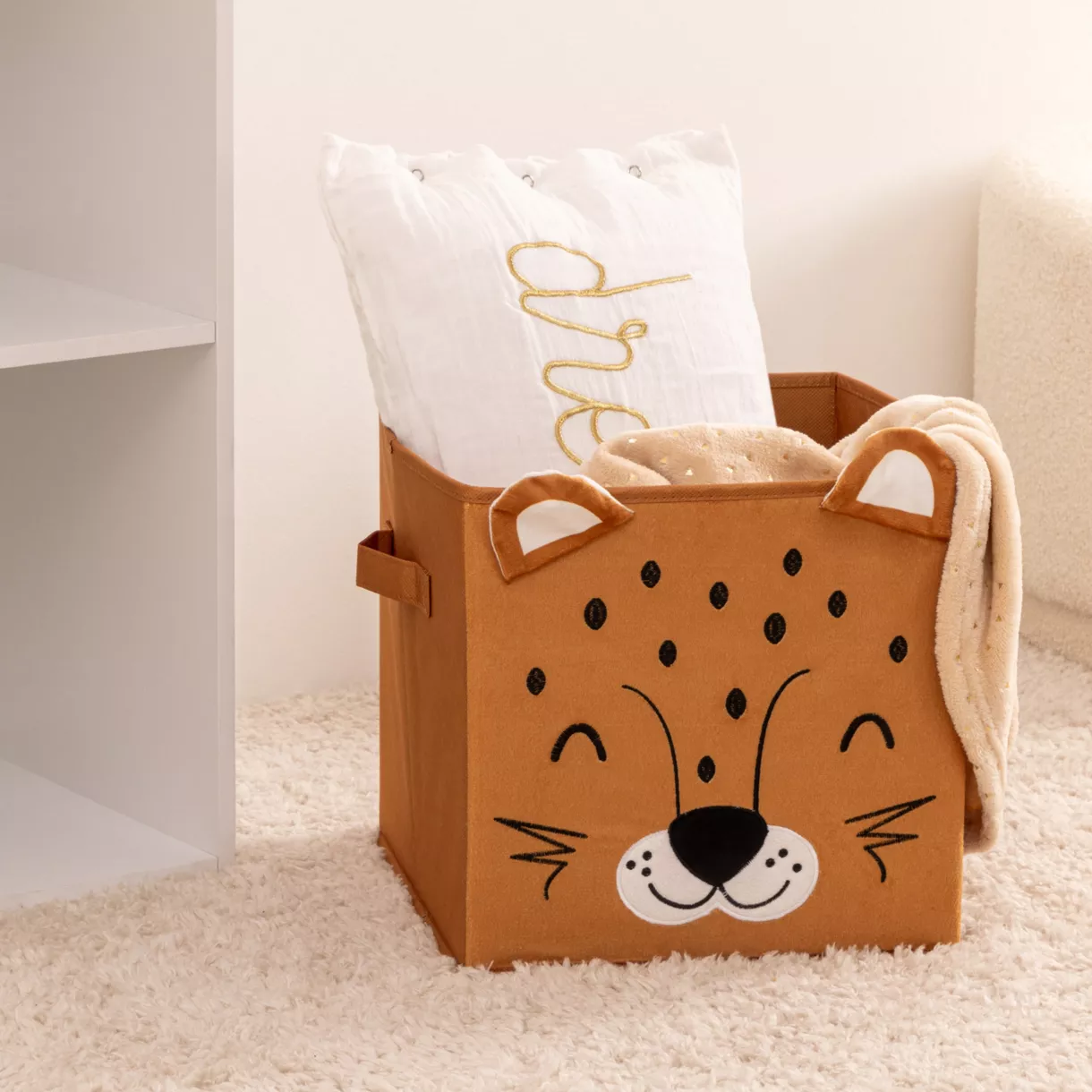 eminza Panier de rangement pliant velours enfant (29 x 29 cm) Léo Marron