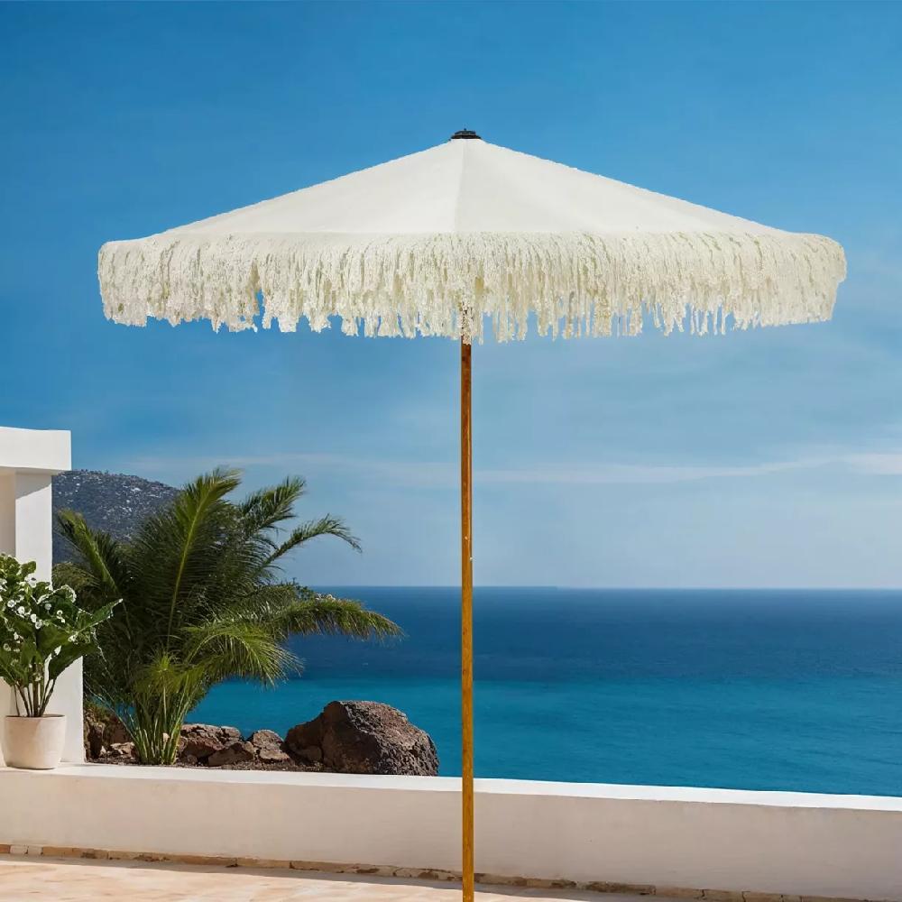 eminza Parasol de jardin rond à franges (D2 m) Valparaiso Blanc