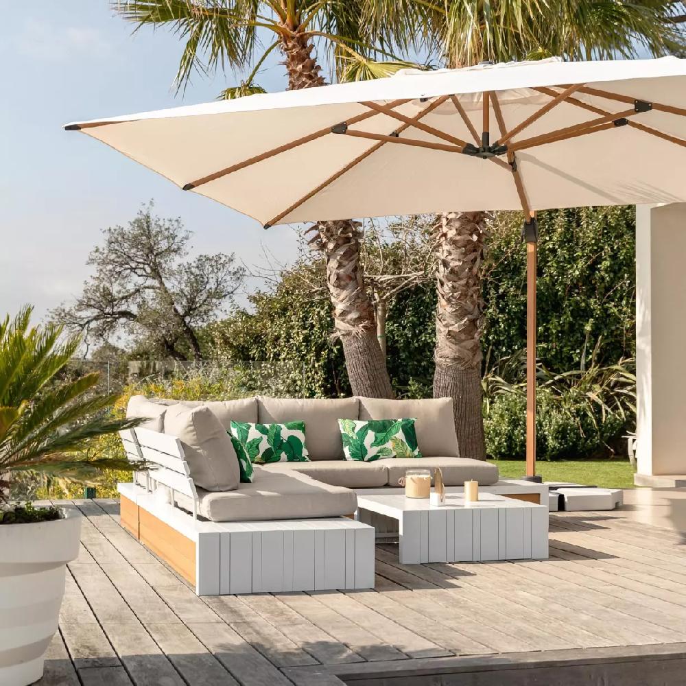 eminza Parasol déporté rectangulaire aluminium (4 x 3 m) Yucatan effet Bois et blanc