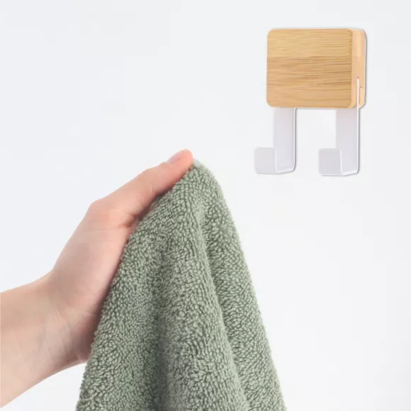 Eminza Patère Adhésive Carrée Crochet Double 3M Bambou Blanc