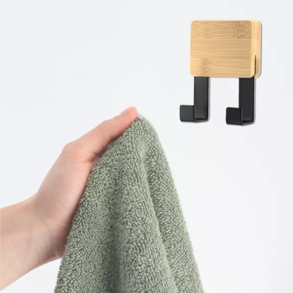 Eminza Patère Adhésive Carrée Crochet Double 3M Bambou Noir