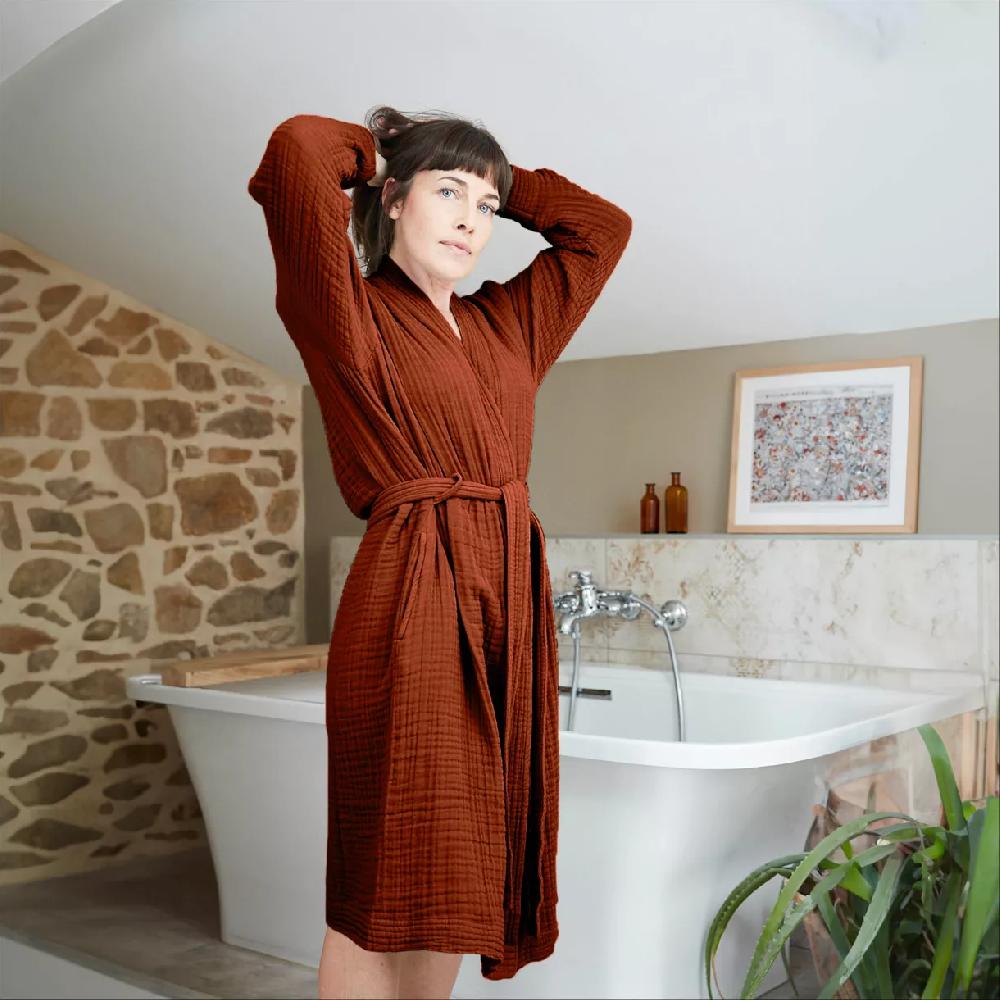 eminza Peignoir de bain gaze de coton L/XL Gaïa Terracotta