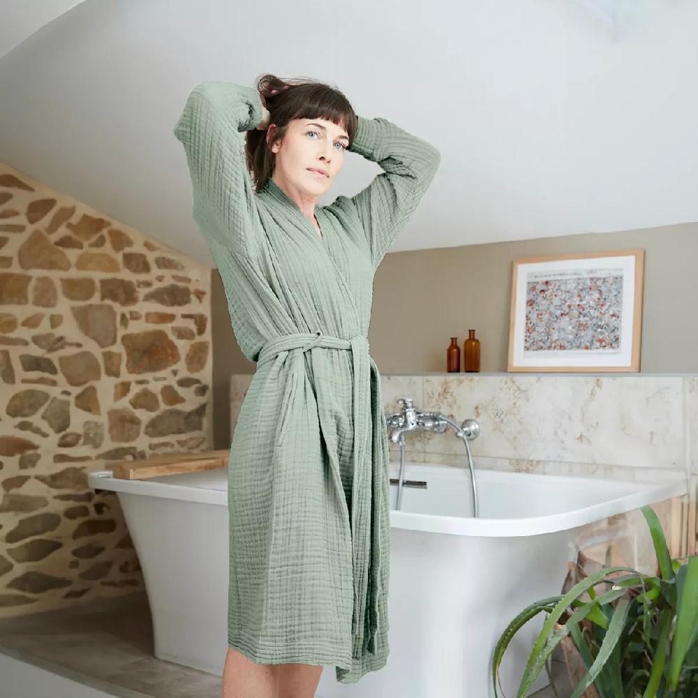 eminza Peignoir de bain gaze de coton L/XL Gaïa Vert eucalyptus