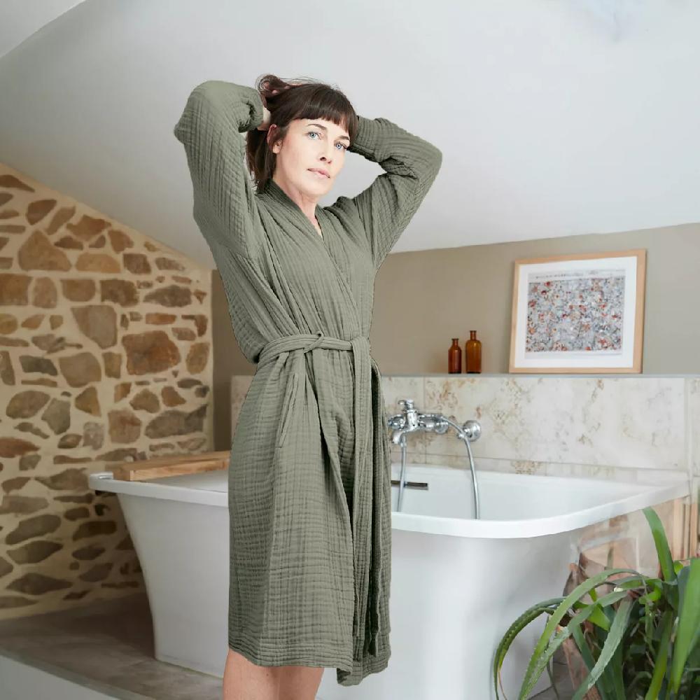 eminza Peignoir de bain gaze de coton L/XL Gaïa Vert romarin