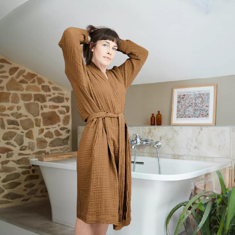 eminza Peignoir de bain gaze de coton S/M Gaïa Camel