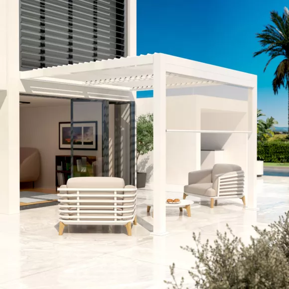 Eminza Pergola Bioclimatique Adossée Motorisée Aluminium Et LED (3 X 3 M) Blanc