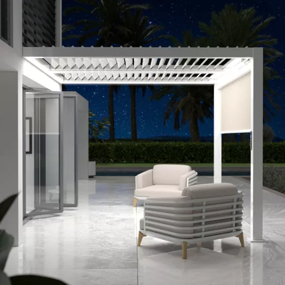 Eminza Pergola Bioclimatique Adossée Motorisée Aluminium Et LED (3 X 3 M) Blanc