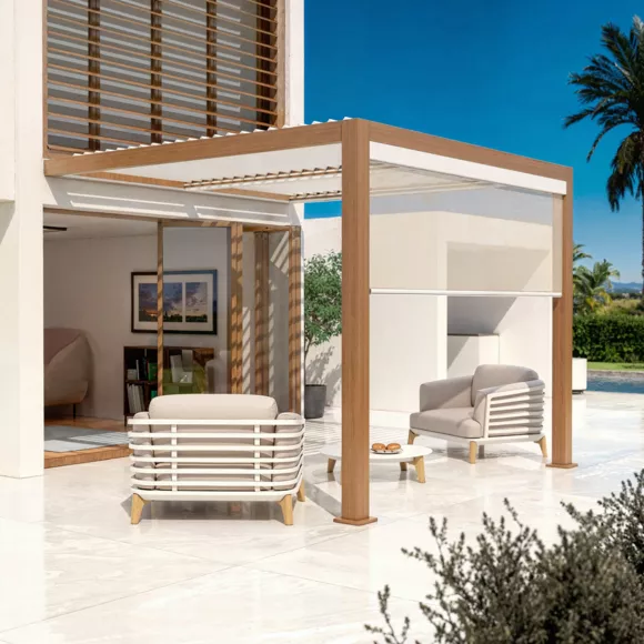 Eminza Pergola Bioclimatique Adossée Motorisée Aluminium Et LED (3 X 3 M) Bois