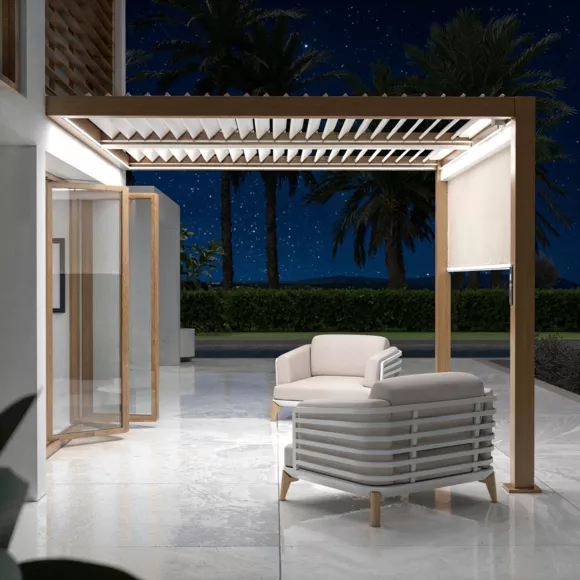 Eminza Pergola Bioclimatique Adossée Motorisée Aluminium Et LED (3 X 3 M) Bois