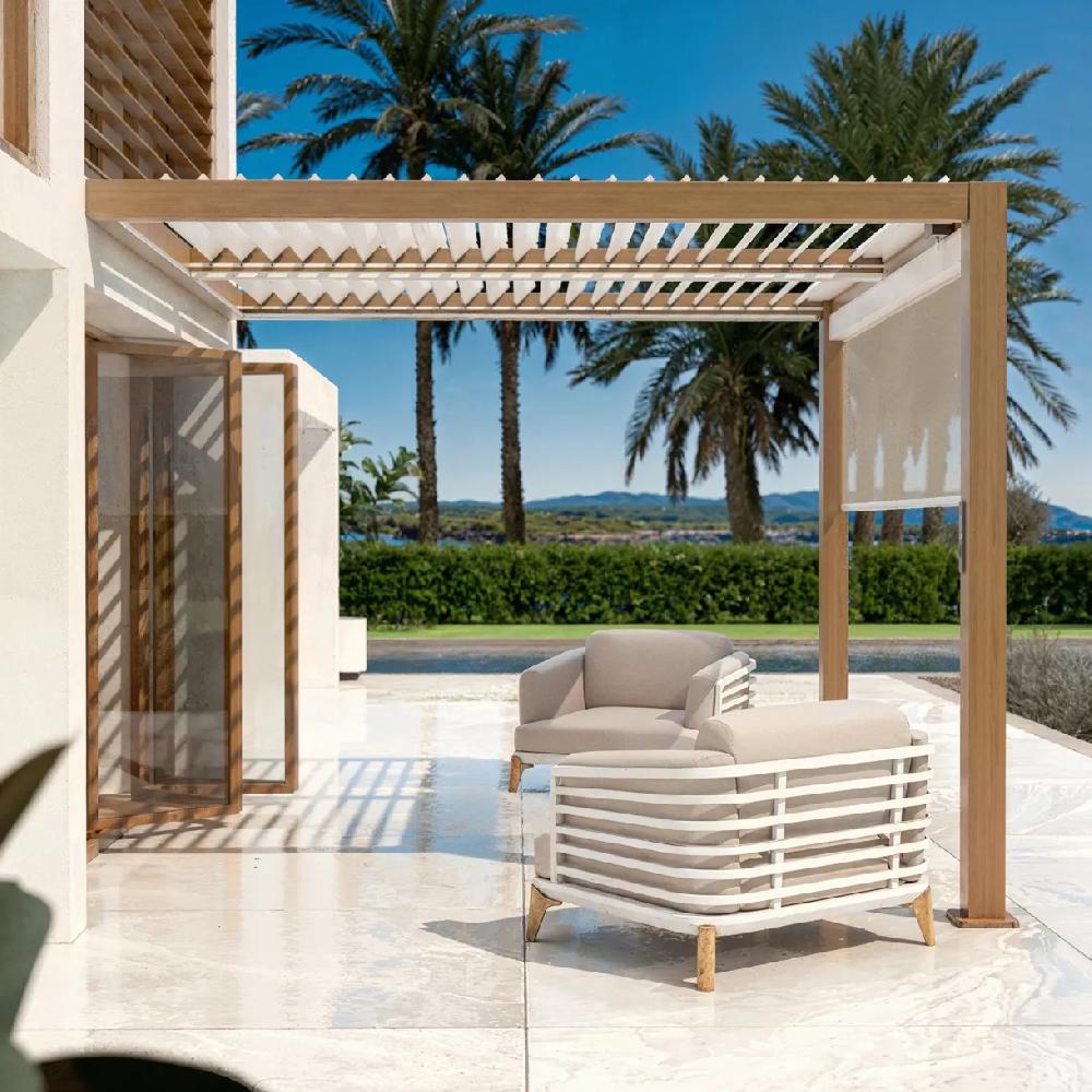 eminza Pergola bioclimatique Adossée motorisée aluminium et LED (3 x 3 m) Bois