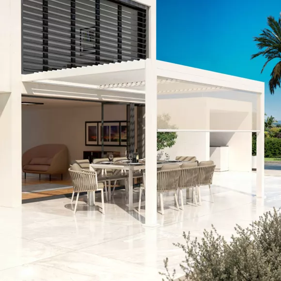 Eminza Pergola Bioclimatique Adossée Motorisée Aluminium Et LED (3 X 4 M) Blanc