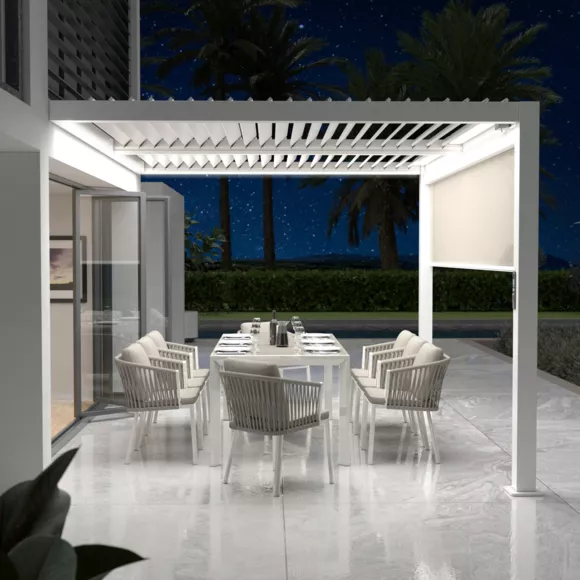 Eminza Pergola Bioclimatique Adossée Motorisée Aluminium Et LED (3 X 4 M) Blanc
