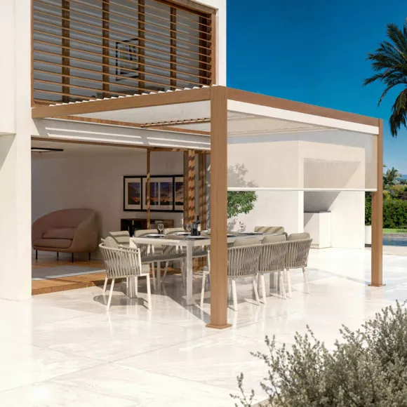 Eminza Pergola Bioclimatique Adossée Motorisée Aluminium Et LED (3 X 4 M) Bois