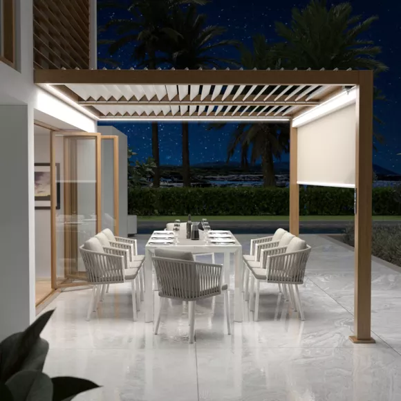 Eminza Pergola Bioclimatique Adossée Motorisée Aluminium Et LED (3 X 4 M) Bois