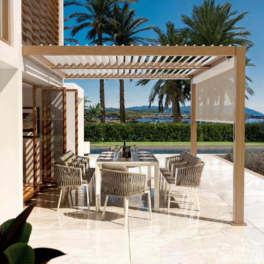 eminza Pergola bioclimatique Adossée motorisée aluminium et LED (3 x 4 m) Bois
