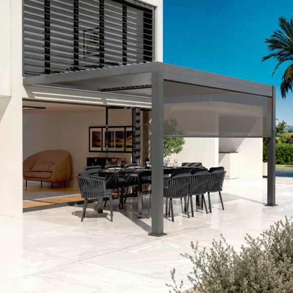 Eminza Pergola Bioclimatique Adossée Motorisée Aluminium Et LED (3 X 4 M) Gris Anthracite
